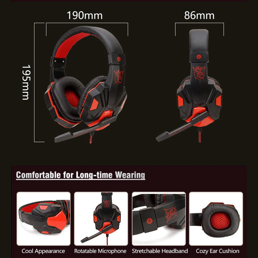Auriculares gaming negro y rojo con orejeras acolchadas; micrófono abatible y diadema extensible.