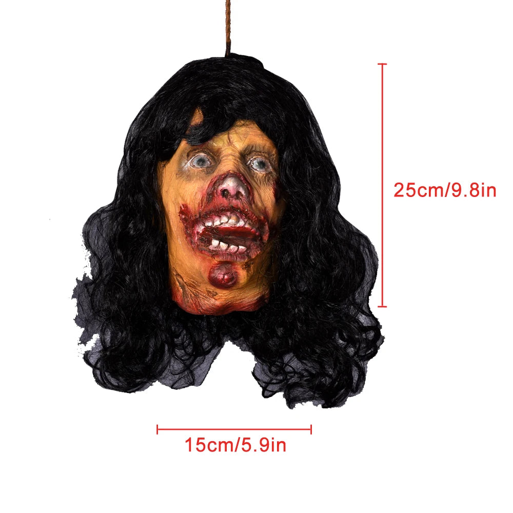 Decoración de Halloween casa embrujada Horror pelo largo cabeza simulada Ghos colgante accesorios de Halloween habitación Escape colgante con cuentas