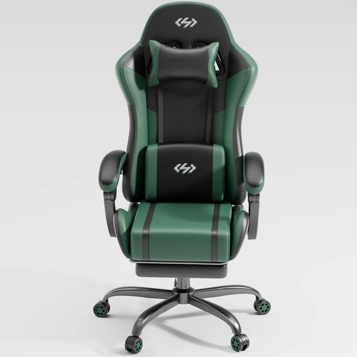 Silla de gaming ergonómica negra y verde con reposacabezas, cojines y base giratoria