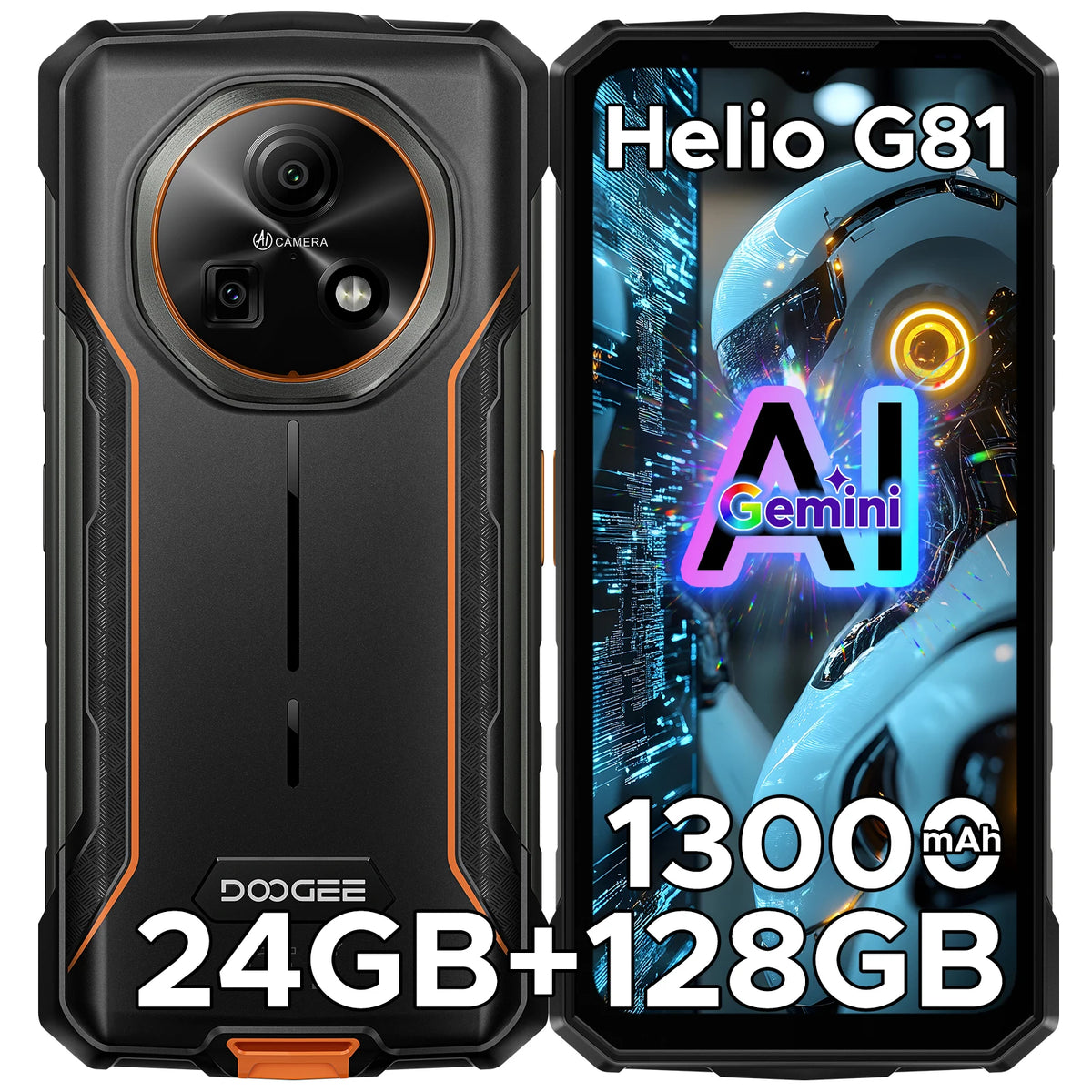 Smartphone DOOGEE Fire 5 Pro Gemini AI resistente, batería de 13000mAh, 24GB RAM (4+20) 128GB ROM, Helio G81, 6.6" 90Hz, Android 16
