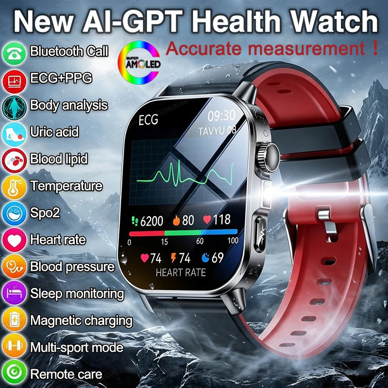 2026 Nuevo y preciso diagnóstico Reloj inteligente ECG oxígeno en sangre PA Ácido úrico Lípidos Salud HD AMOLED Pantalla para llamadas Reloj inteligente Hombres Mujeres