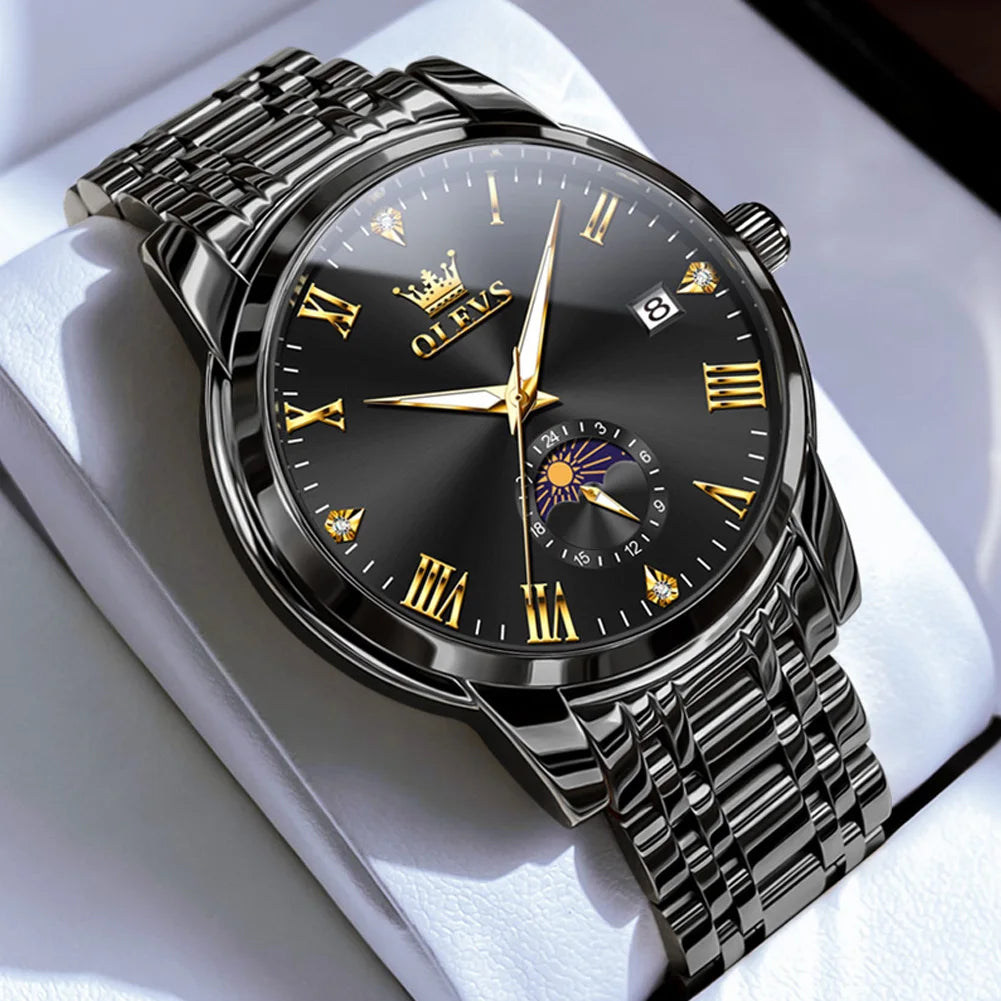 Reloj de hombre OLEVS 3656 de marca, reloj de cuarzo original a la moda para hombre, reloj de pulsera luminoso de acero inoxidable resistente al agua con fase lunar