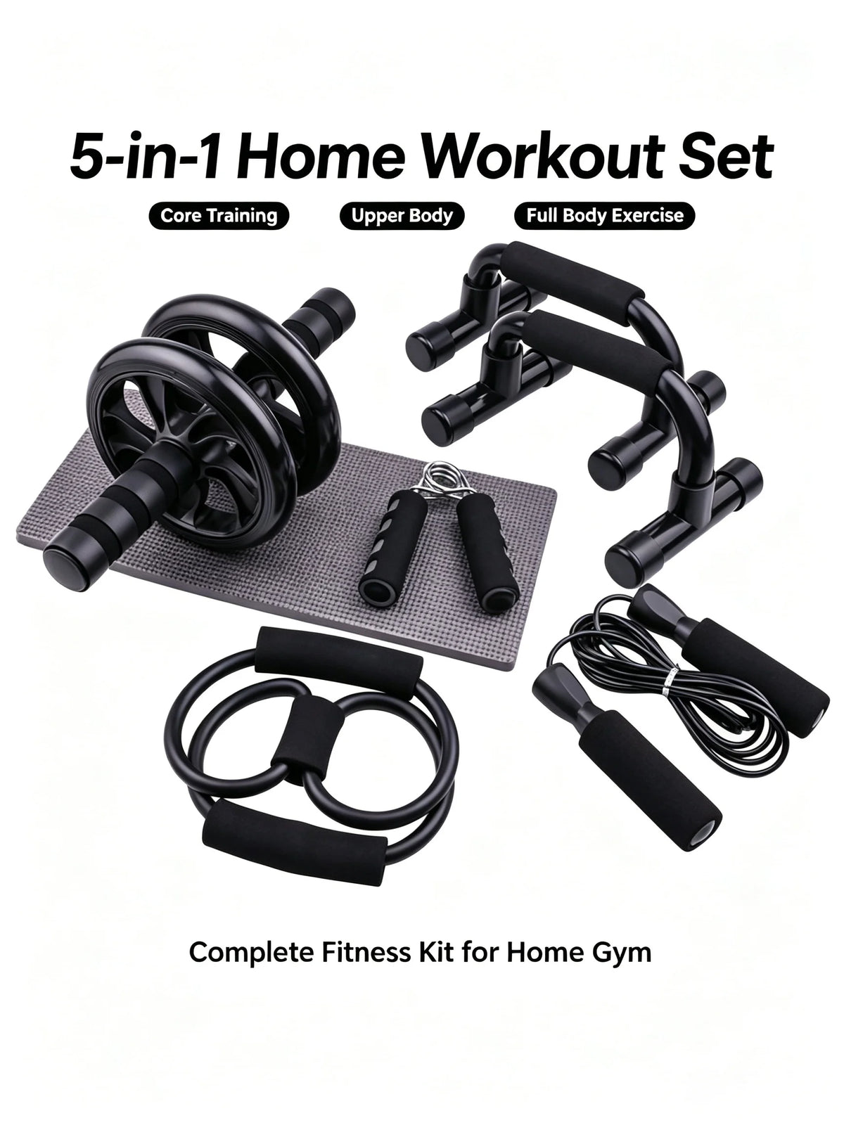 Set de Entrenamiento Portátil de 7 Piezas para el Hogar, Cuerda para Saltar, Agarrador de Mano, Barras para Flexiones, Rodillo Abdominal para Entrenamiento Muscular de Cuerpo Completo