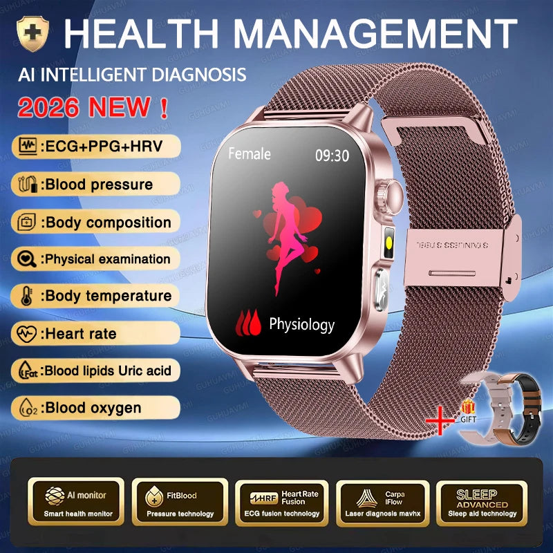Nuevo reloj inteligente para hombres con diagnóstico de salud preciso ECG, presión arterial, oxígeno en sangre, grasa en sangre, ácido úrico, temperatura y llamadas Bluetooth