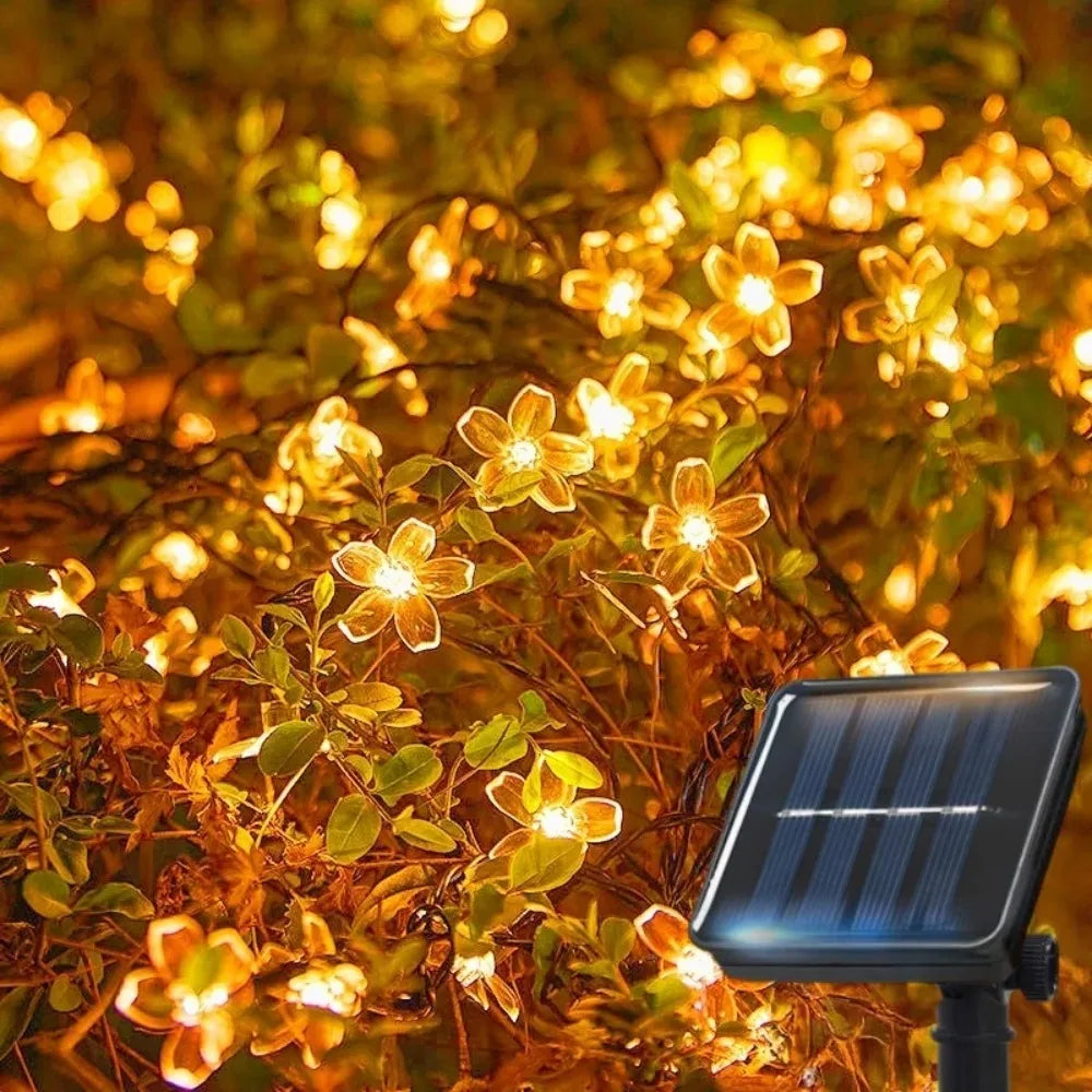 Guirnalda de luces solares con flores de cerezo para jardín, luces decorativas impermeables para exteriores, césped, caminos y Navidad