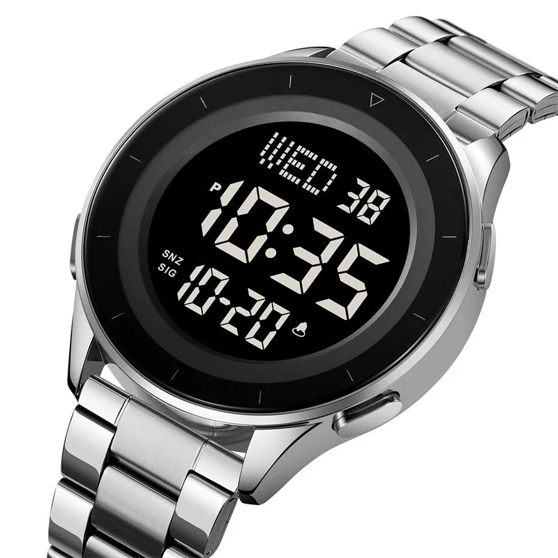 Reloj de pulsera digital LED con doble zona horaria Skmei, correa de acero de lujo, resistente al agua 3Bar, reloj deportivo militar para hombre con alarma