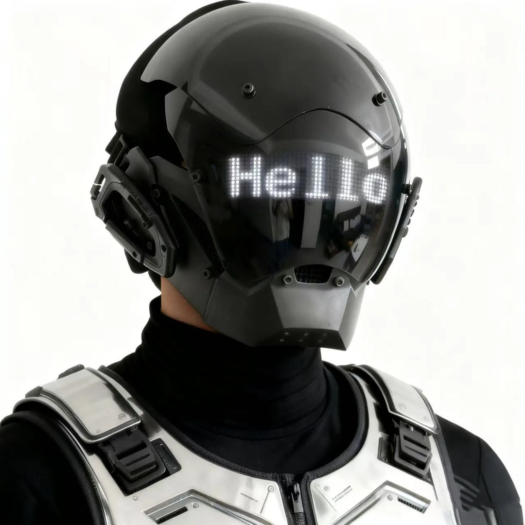 Máscara de casco LED de estilo cyberpunk con pantalla integrada, controlable mediante aplicación, diseño tecnológico de cobertura total para Halloween, fiestas de disfraces, festivales de música.