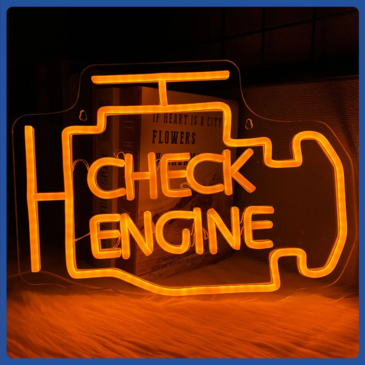 Letrero LED tipo neón Check Engine con forma de motor, naranja