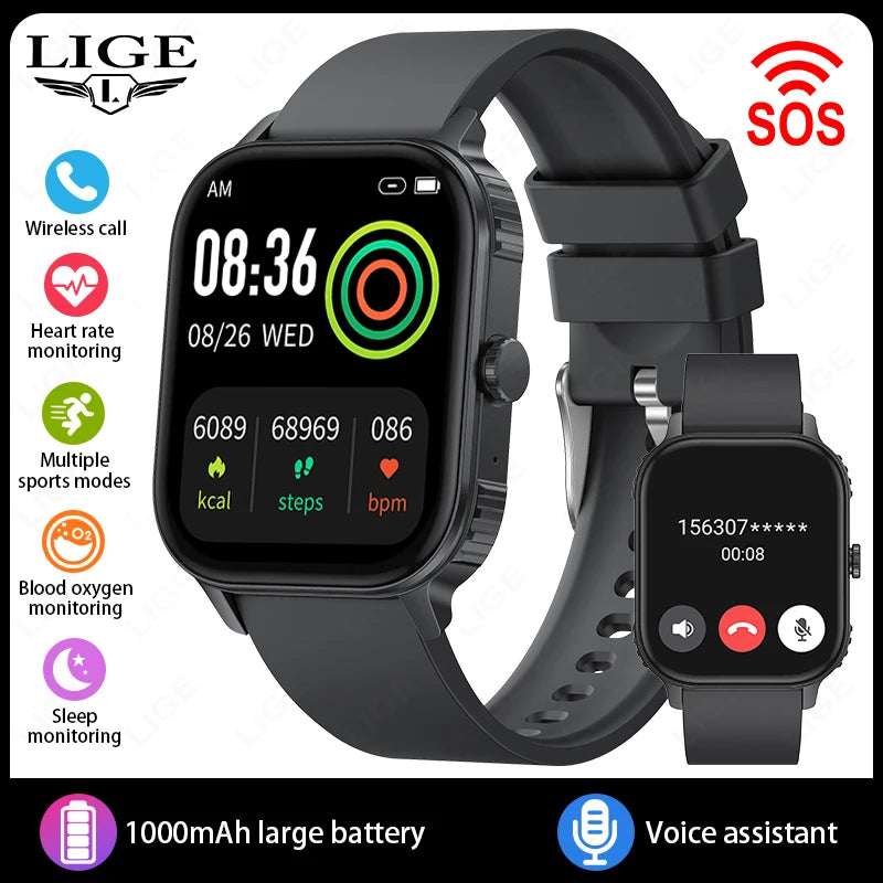 Reloj inteligente LIGE con batería de 1000mAh para mujer, monitoreo de frecuencia cardíaca y sueño, llamadas Bluetooth, resistente al agua IP68, reloj inteligente para hombre compatible con Android e iOS