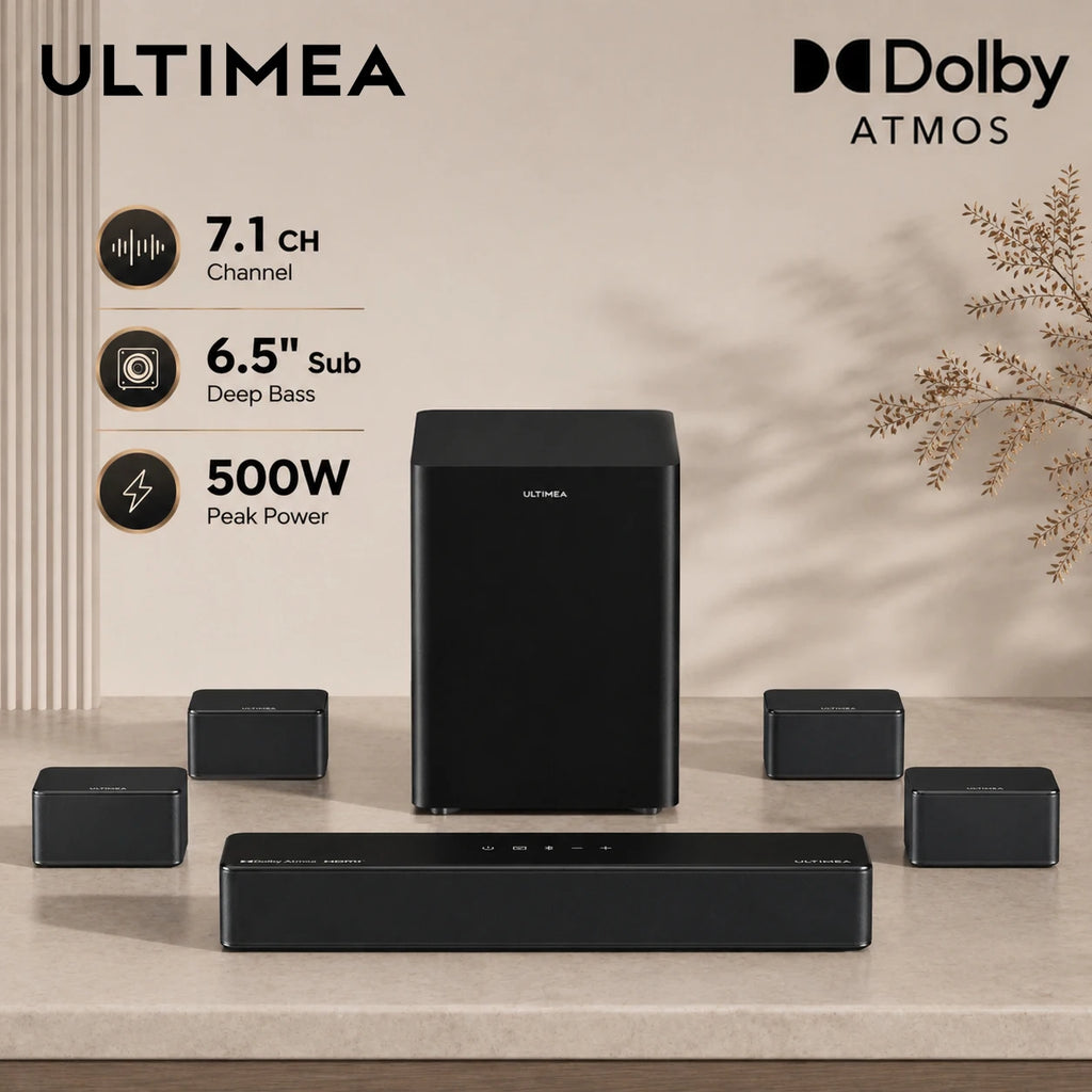 Barra de Sonido ULTIMEA Poseidon D80 Boom 7.1ch 500W Dolby Atmos, Subwoofer Inalámbrico y 4 Altavoces Surround, Cine en Casa, Control por Aplicación