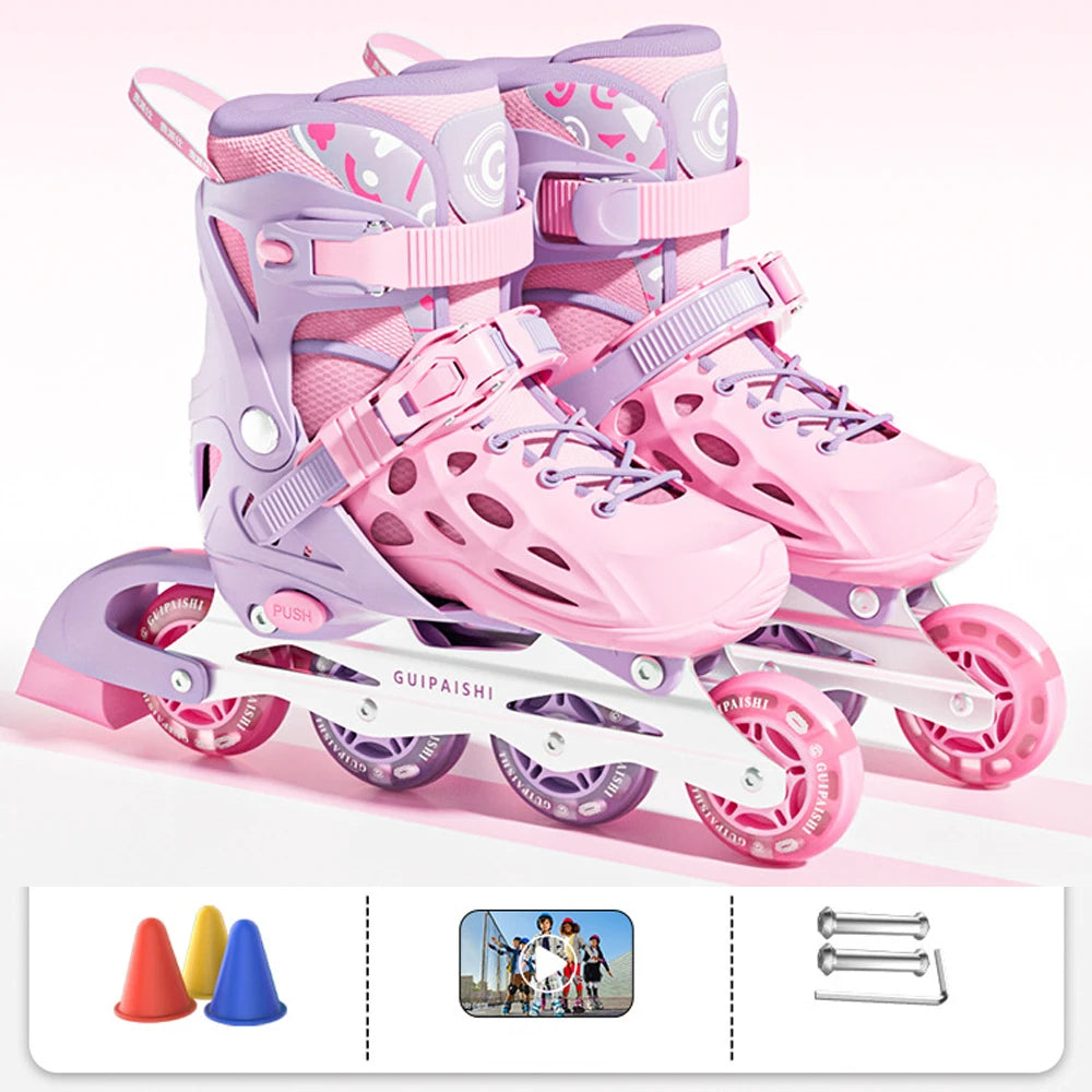 Patines en línea con casco, coderas y rodilleras, juego de bolsa para zapatos, zapatillas Flash de 4 ruedas para niños y niñas, zapatos de Skate ajustables