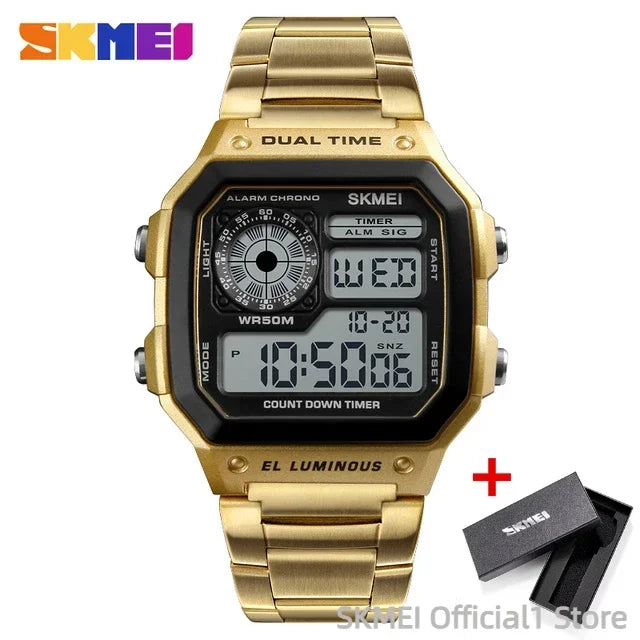 Reloj digital SKMEI 1335 para hombre, deportivo retro, resistente al agua, cronógrafo, reloj de pulsera electrónico, reloj de acero inoxidable para hombre