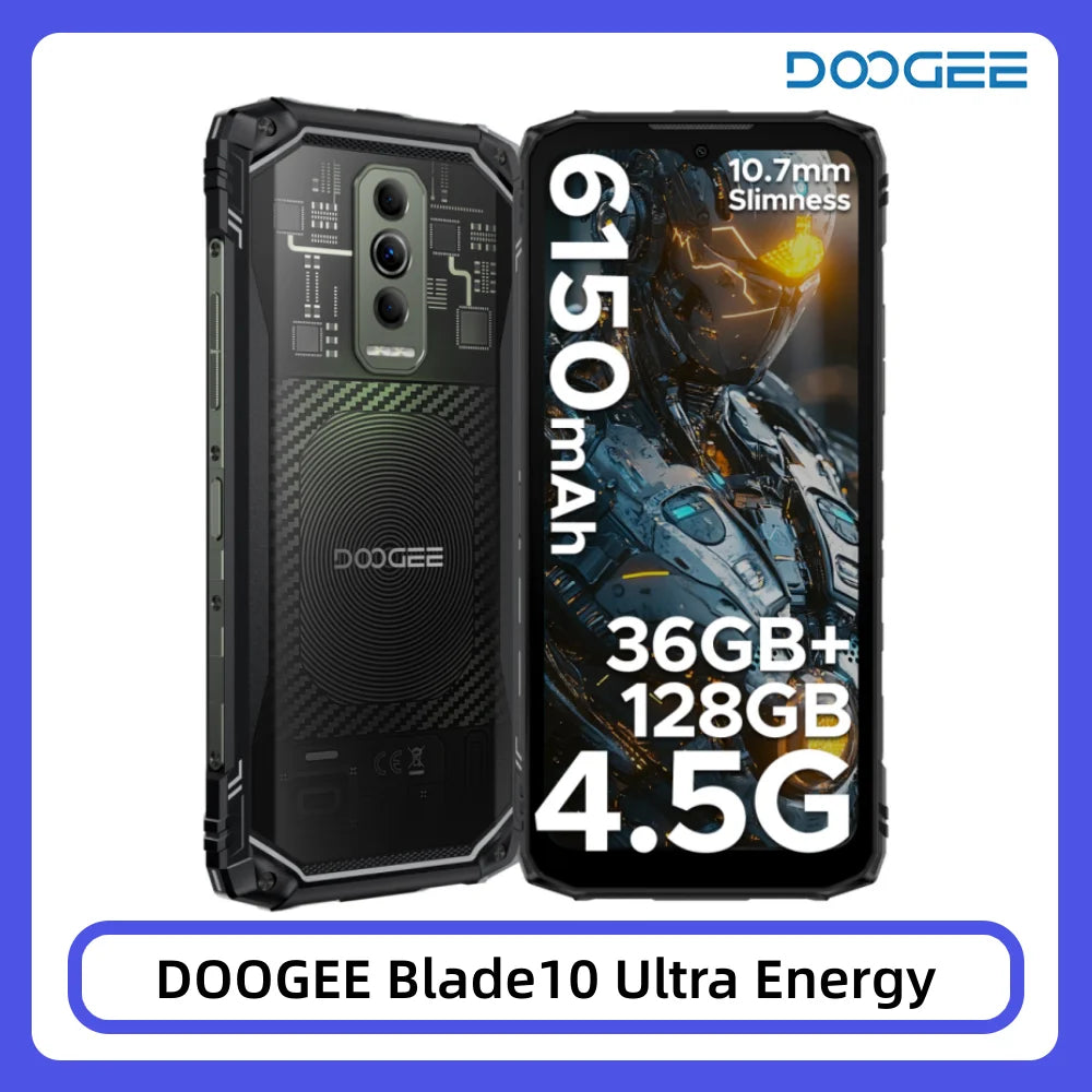 Teléfono resistente DOOGEE Blade10 Ultra Energy 36GB+128GB Batería 6150mAh Pantalla 6.56” HD+ UNISOC T7250 Cámara 50MP NFC Smartphone Android 16