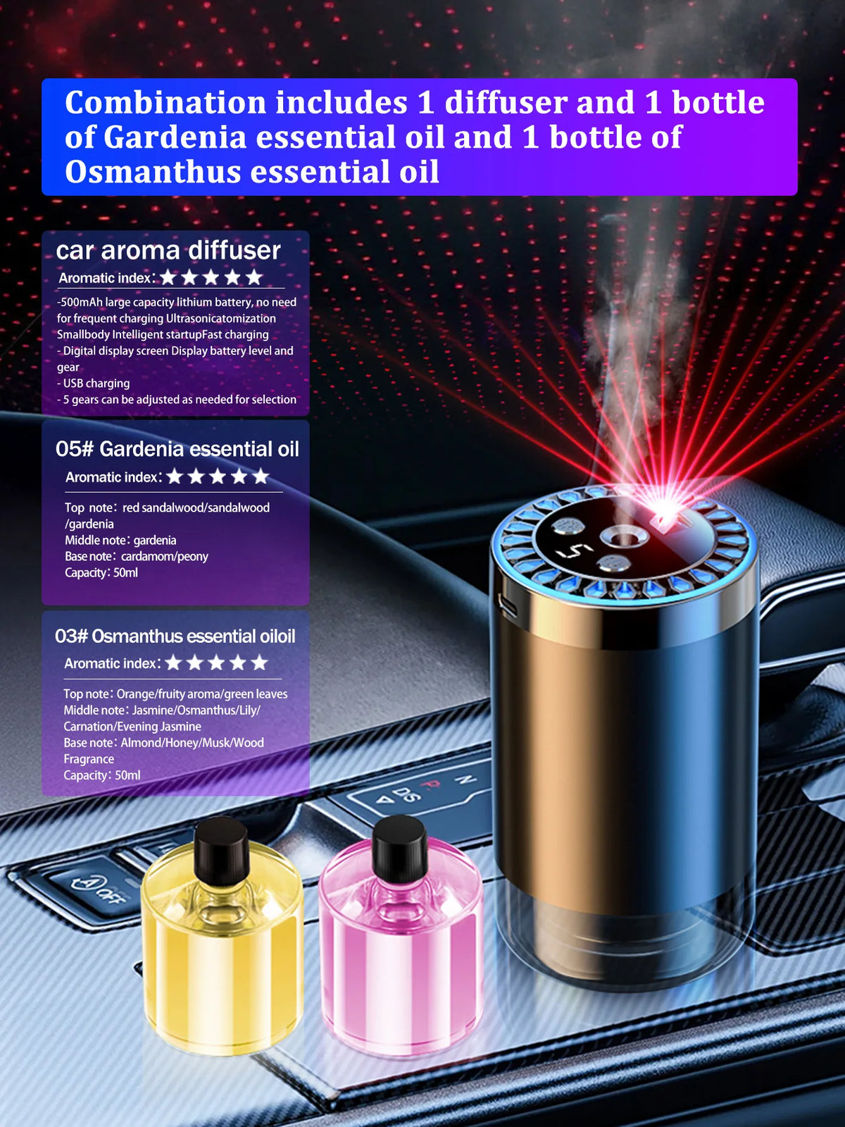 Difusor de aroma de coche recargable, aceite esencial aromático, luces coloridas, luces románticas de cielo estrellado, regalo de dormitorio