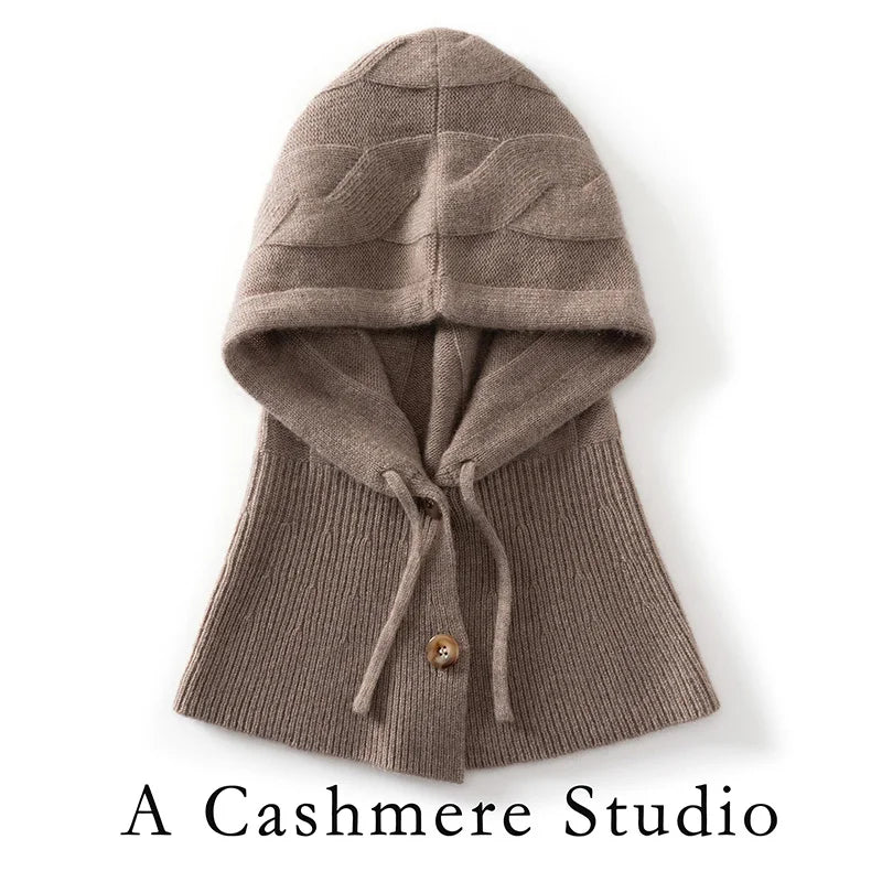 Gorro 100% de cachemira con capucha integrada de punto trenzado grande y cuello calentador, gorro tipo pasamontañas con botones para mujer, gorro cálido tipo pullover.