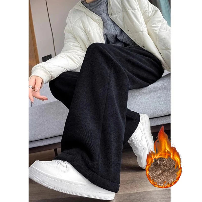Pantalones de felpa de cintura alta de color liso para mujer, pantalones de lana cálidos para la nieve, pantalones rectos holgados para mujer, invierno 2026