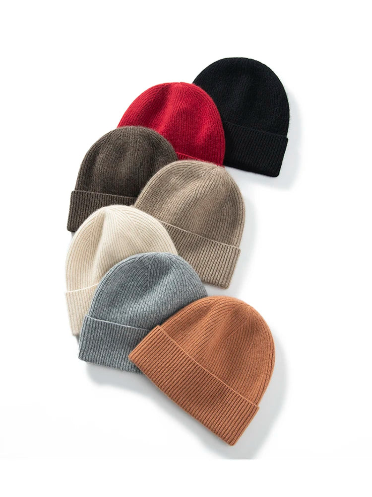 Gorros de Cachemira de primera calidad de 100%, gorros gruesos de punto para hombres y mujeres, gorro de otoño e invierno, gorro de pelo de pescador acanalado fino suave