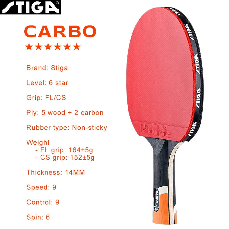 Raqueta de tenis de mesa STIGA CARBO de 6 estrellas, paleta de Ping Pong de carbono 5 + 2 para ataque rápido avanzado, gomas no pegajosas de ambos lados