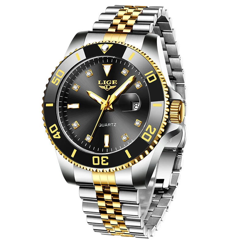 LIGE Men Quartz Watch Green Waterproof Watch for Men Stainless Steel Quartz Men Luxury Watch Luminous Wristwatch Reloj Hombre