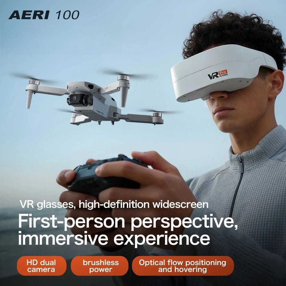 Dron cuadricóptero blanco con cámara y gafas VR, control remoto en mano