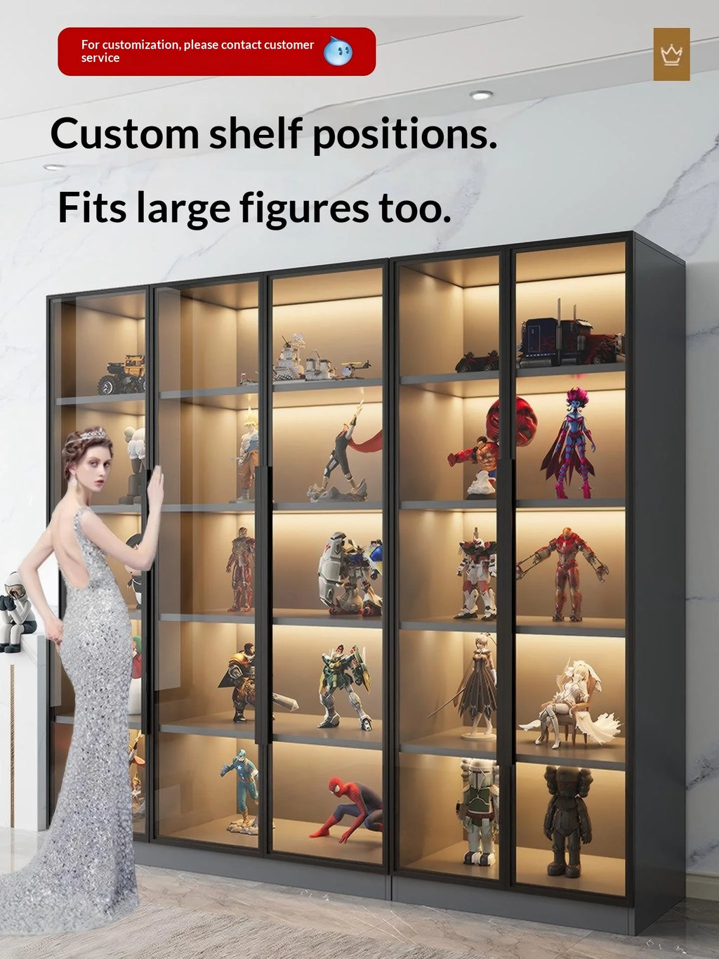Customizable Figure Display Cabinet Tempered Glass Door LED Light Large Capacity Layered Storage Aluminum Frame Eco Living