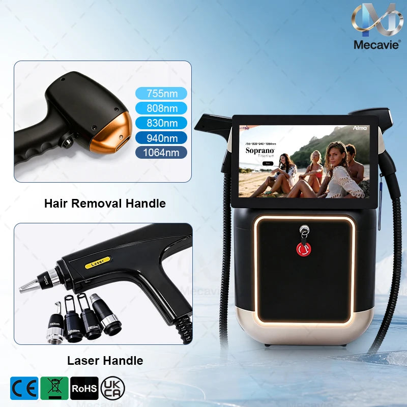 Máquina de Depilación Láser de Diodo 2 en 1 y Eliminación de Tatuajes por Picosegundos, 5 Longitudes de Onda 755 808 830 940 1064nm, Tecnología FAC, Enfriamiento por Hielo