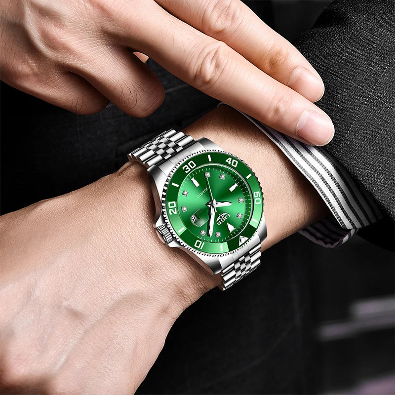 LIGE Fashion Man Watch Diamond Dial Business Watch Waterproof Calendar Butterfly Double Snap Stainless Steel Mens Watch Reloj