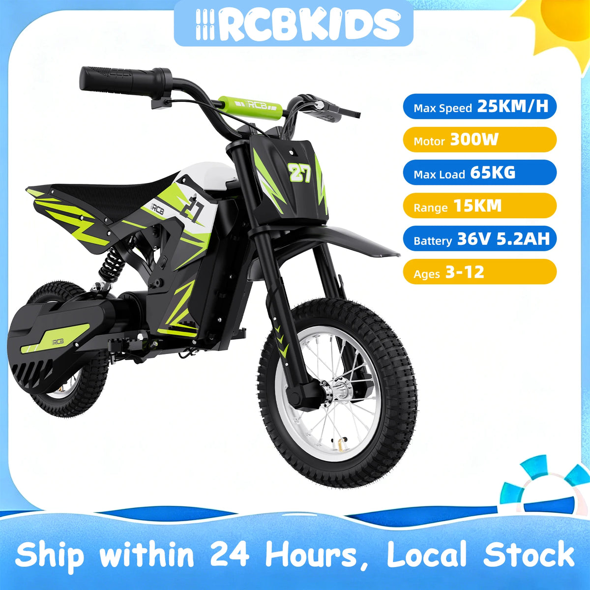 RCB KIDS R9X Kids Electric Motorbike, 300W Electric Motorcycle for Children, 36V 5.2Ah Battery, Up to 15.5 MPH & 9.3 Mile Range, Safe Ride On Toy, Ideal Electric Motorcycle Gift for Kids Ages 3-12