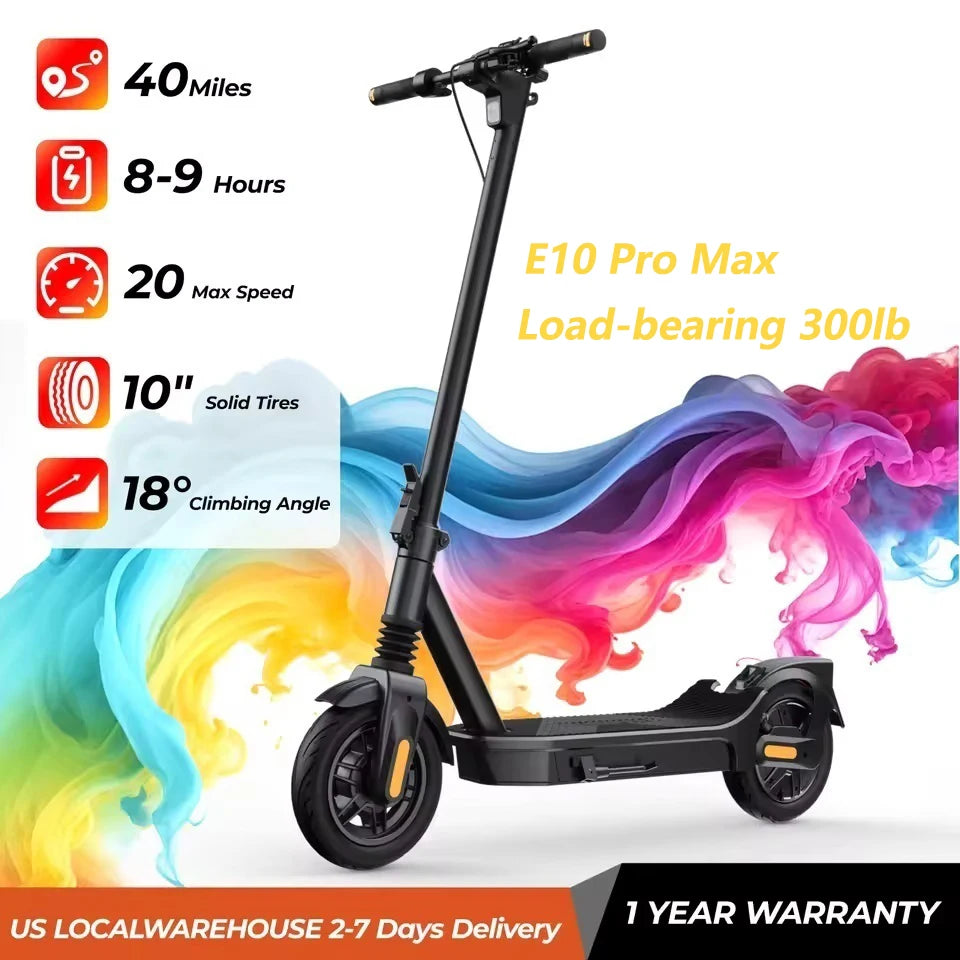 Patinete eléctrico plegable negro E10 Pro Max con neumáticos sólidos de 10"