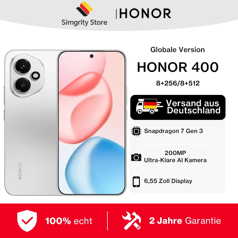 Smartphone HONOR 400 versión global Android 5G Snapdragon 7 Gen 3, batería de 5300 mAh, pantalla AMOLED de 6,55 pulgadas, cámara con IA de 200 MP