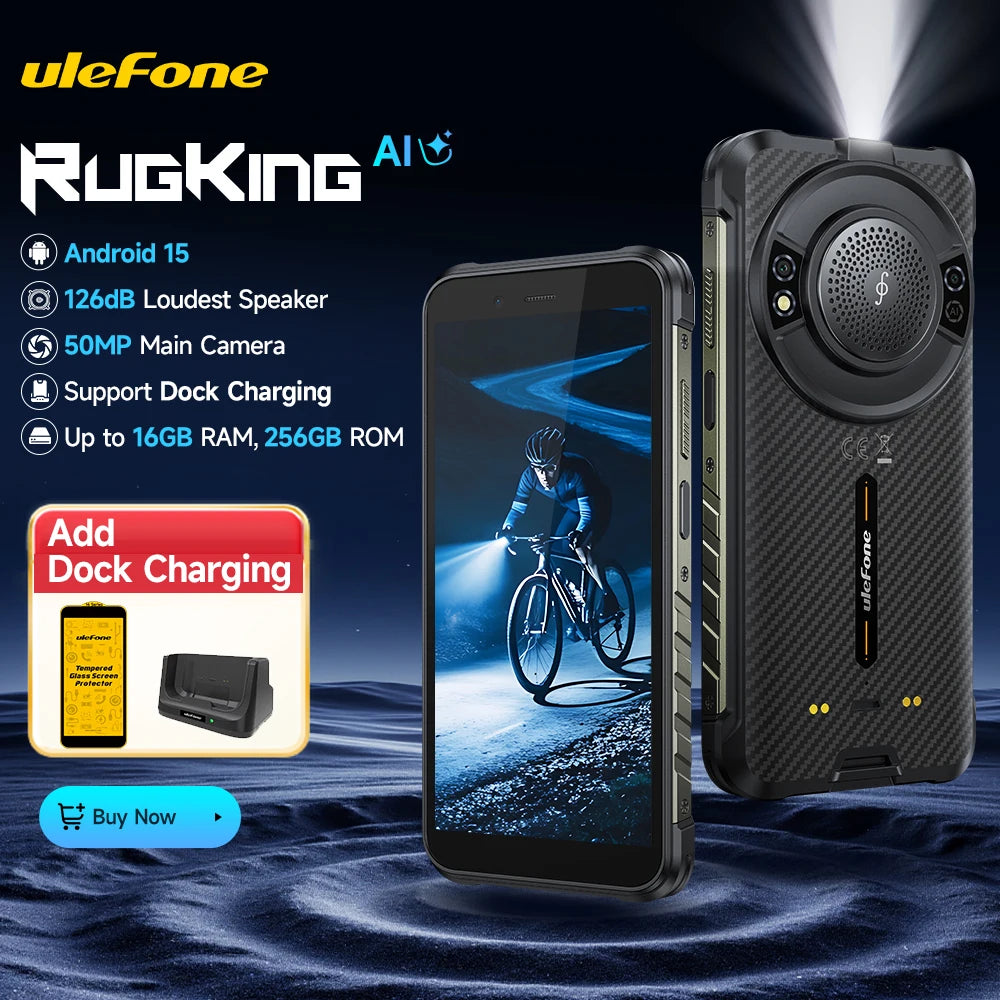 Smartphone ultrarresistente Ulefone RugKing 4G, Android 15, hasta 16GB RAM+256GB ROM, 9600mAh, NFC, pantalla de 5.99", altavoz potente, teléfono resistente al agua