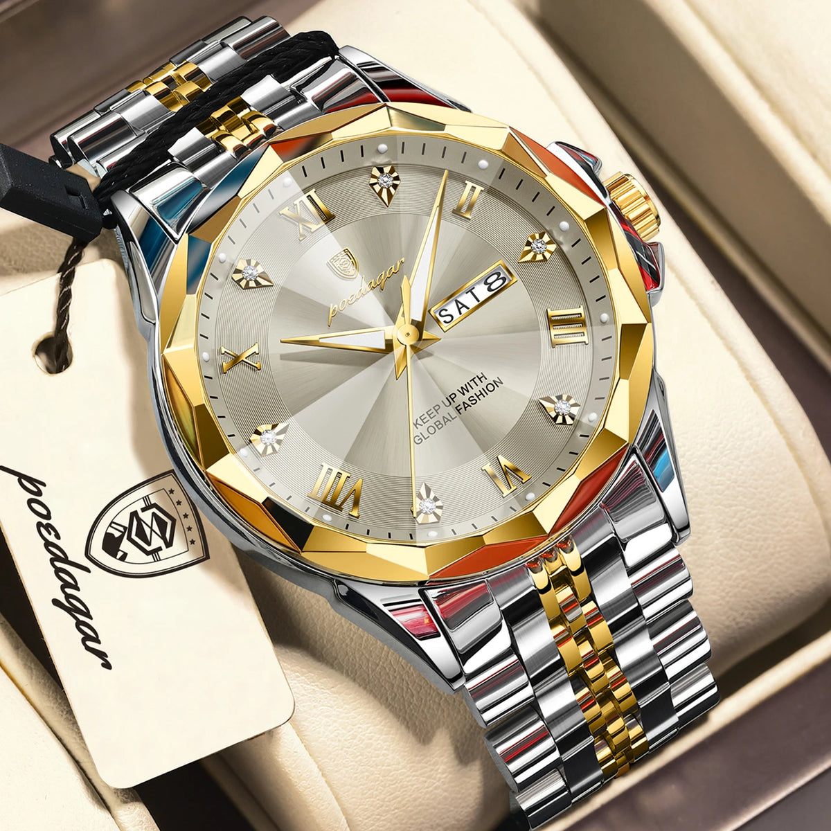 POEDAGAR Fashion Quartz Men Clock Waterproof Luminous Date Week Sport Men's Watch Stainless Steel Business Watches For Man Reloj