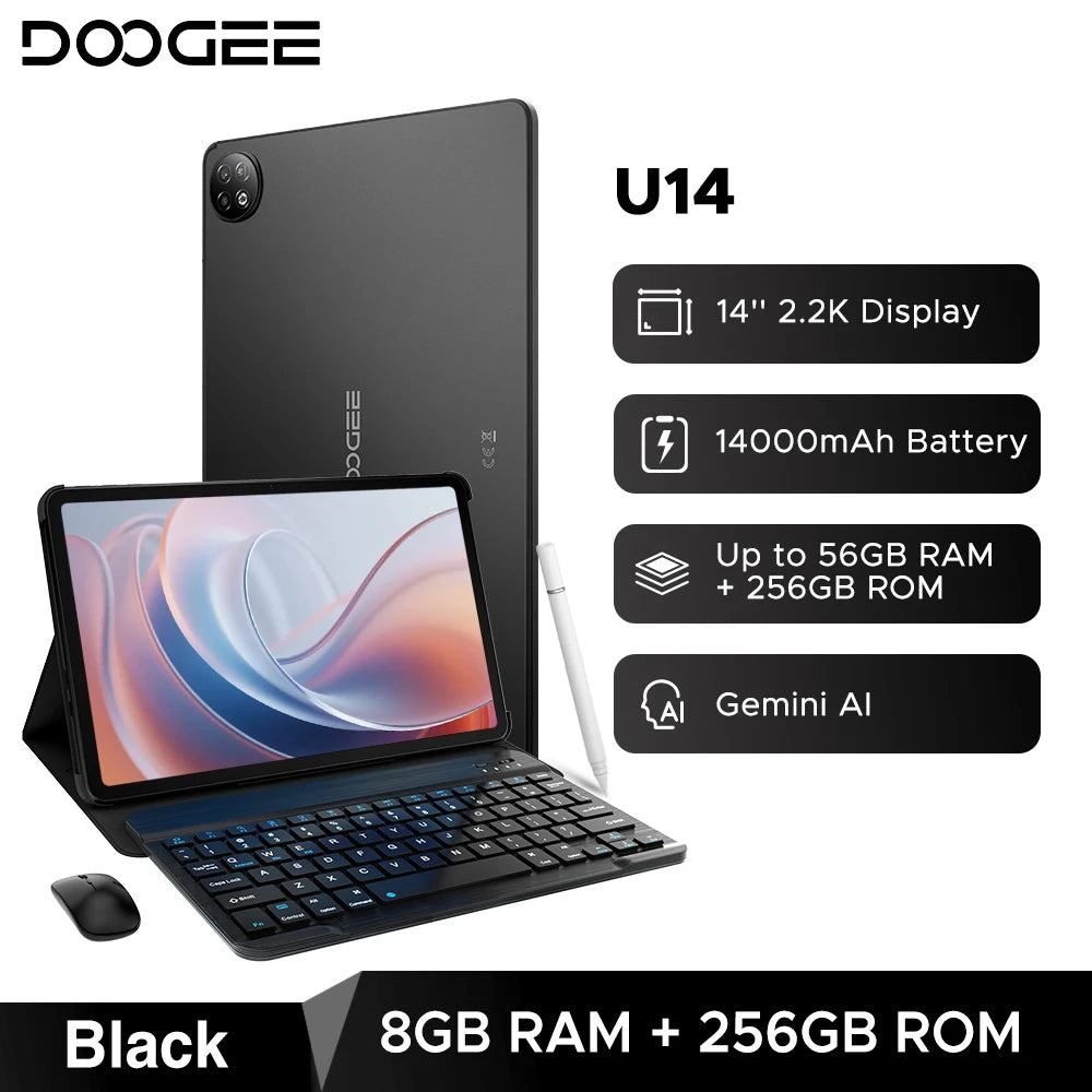Tableta inteligente Doogee U14, Android, pantalla de 14 pulgadas y resolución 2.2K, 56 GB (8+48), 256 GB, batería de 14000 mAh, Wi-Fi 6, compatibilidad con Gemini AI y Widevine L1.