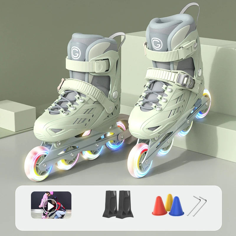 Patines en línea con casco, coderas y rodilleras, juego de bolsa para zapatos, zapatillas Flash de 4 ruedas para niños y niñas, zapatos de Skate ajustables