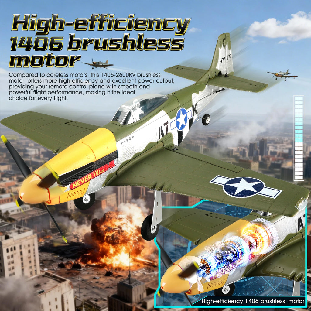 Avión RC 2026 de 5 Canales, 2.4G, P51D Mustang, Ala Fija, Envergadura de 510 mm, 3D/6G con Giroscopio y Motor sin Escobillas, Juguete de Combate para Exteriores
