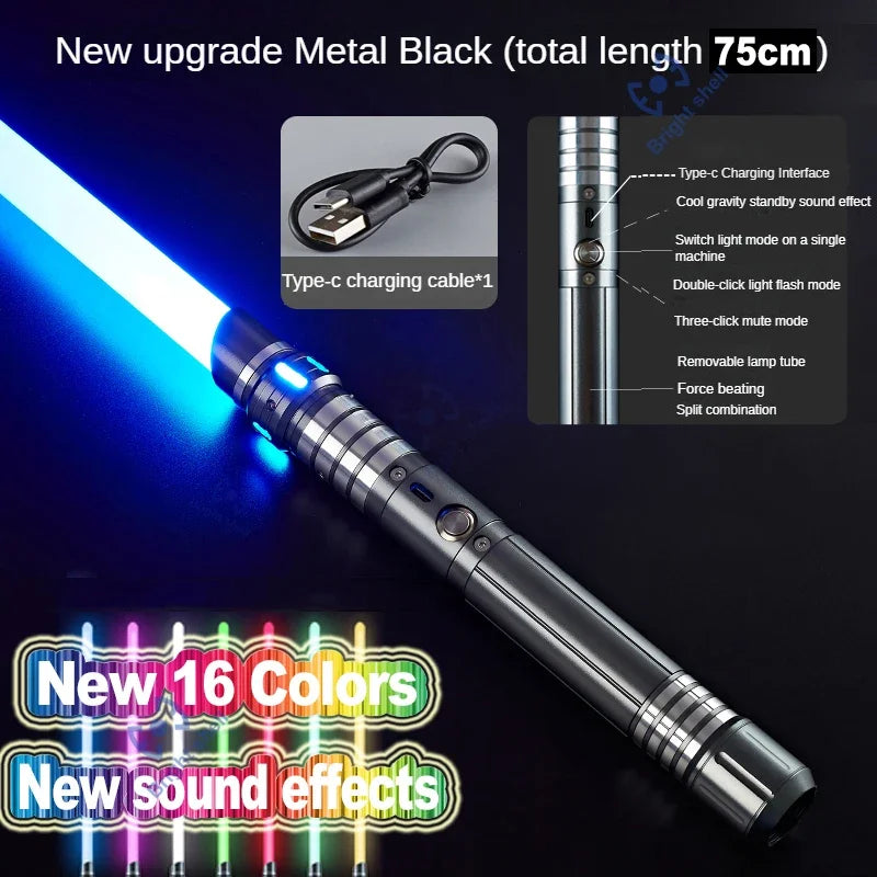 Juguete de sable de luz láser de metal, sable de luz RGB con 15 cambios de color, sonidos, efectos Force FX, FOC, juguete bláster, regalo de espada láser Jedi