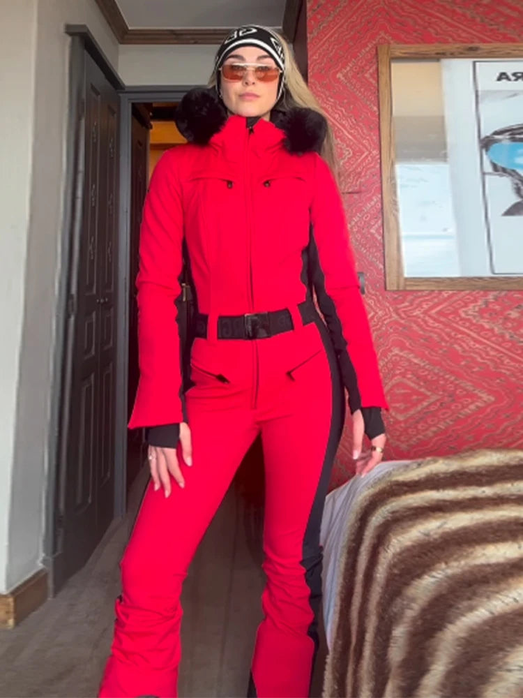 Mono de esquí casual con capucha y ribete de piel para mujer, a la moda, con cinturón, ajustado, de manga larga, cálido, para invierno 2026