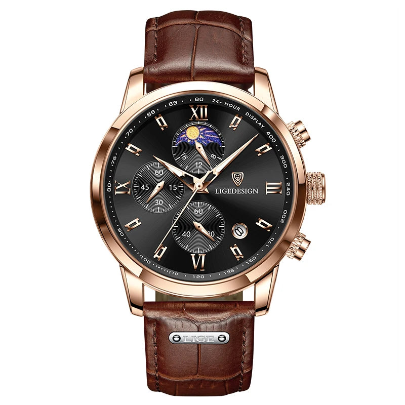 LIGE Men Watch Luxury Leather Waterproof Sport Quartz Wristwatch Chronograph Military Watch for Men Relogio Masculino Men‘s Gif