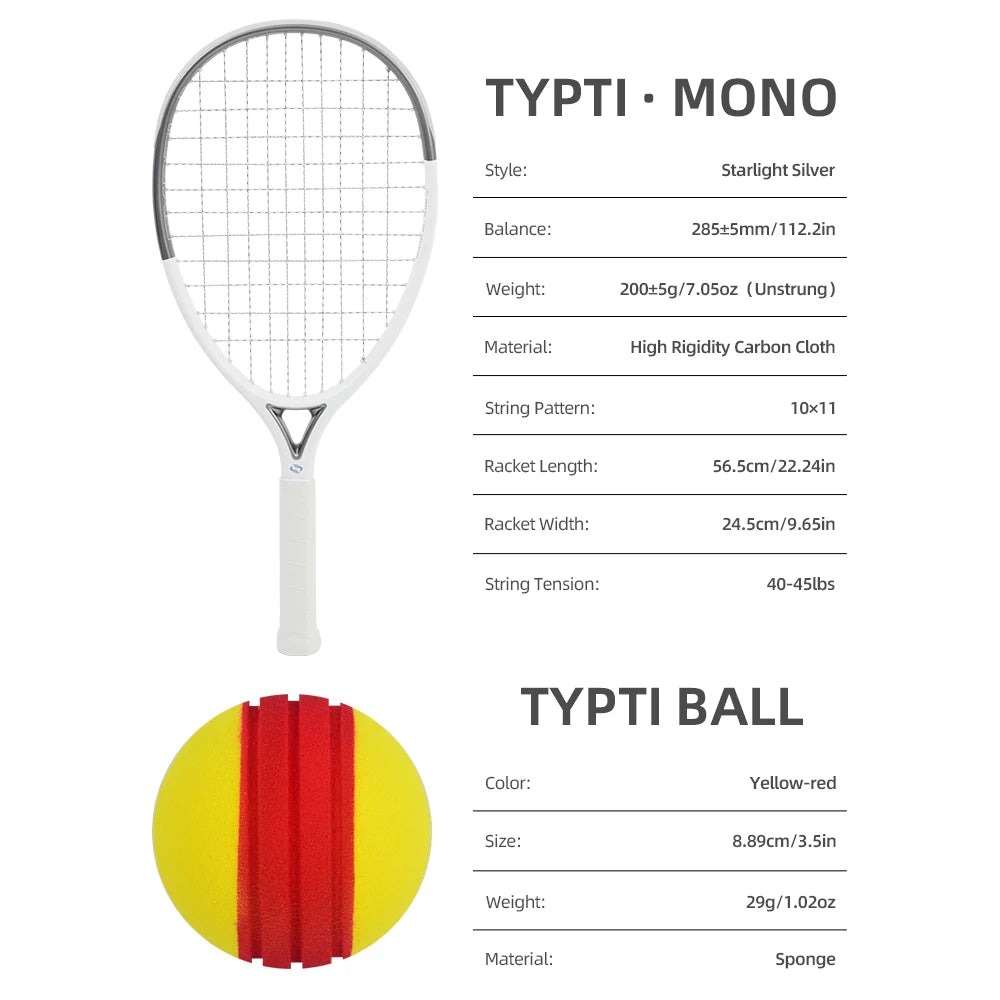 Raqueta de tenis ultraligera de carbono completo TYPTI MONO Pro 200g sin encordar 10x11 285mm Balance Quiet Mini con marco hueco triangular plateado