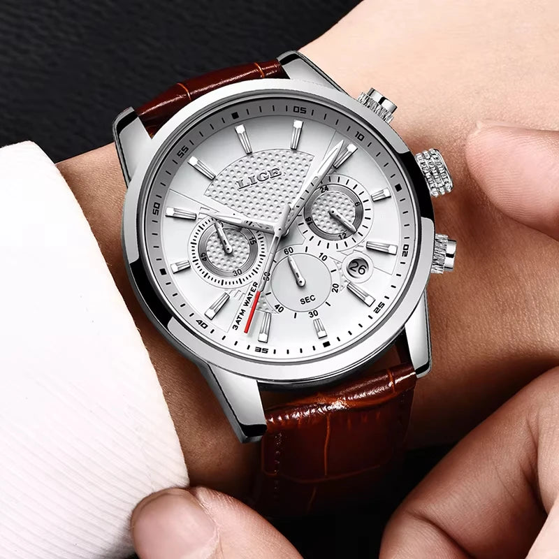 LIGE Watch MenTop Brand Luxury Casual Leather Quartz Mens Watches Man Business Clock Male Sport Waterproof Date Chronograph