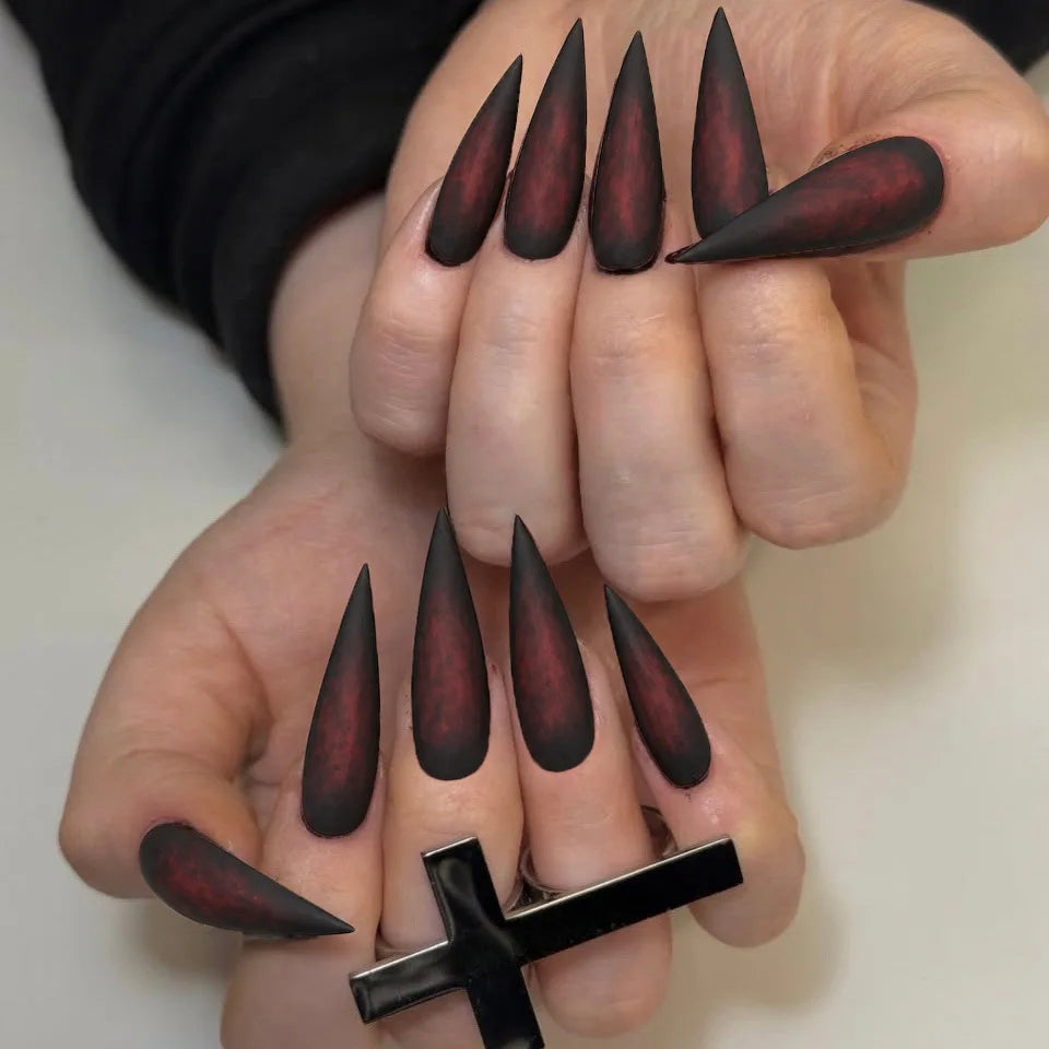 24 Uds uñas postizas de color rojo sangre gradiente parche de uñas postizas de punta larga cubierta completa puntas de uñas postizas usables juegos de manicura de Halloween