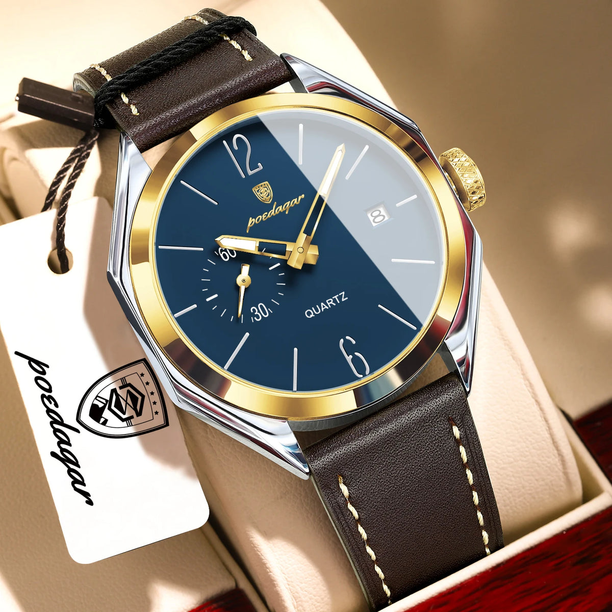Reloj de hombre POEDAGAR de alta moda, con correa de piel, fecha, cuarzo, estilo negocios, resistente al agua, luminoso y casual