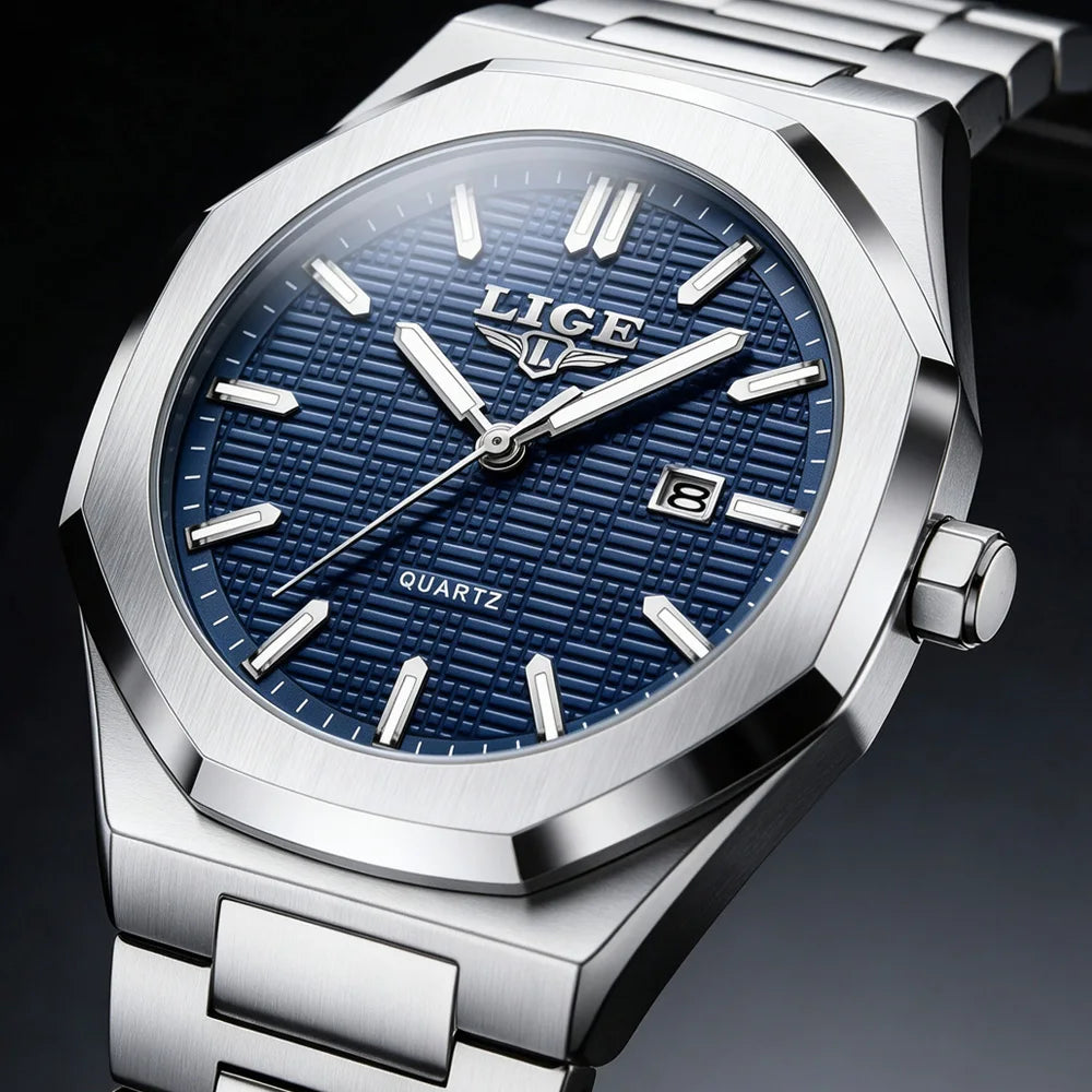 LIGE Luxury Man Wristwatch Waterproof Luminous Date Watch For Men Stainless Steel Men's Watches Quartz Male Clock Sport+Box