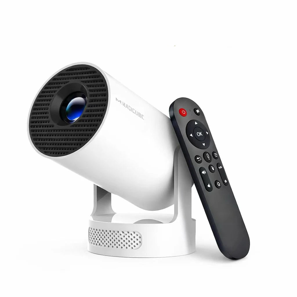 Proyector portátil blanco con control remoto negro