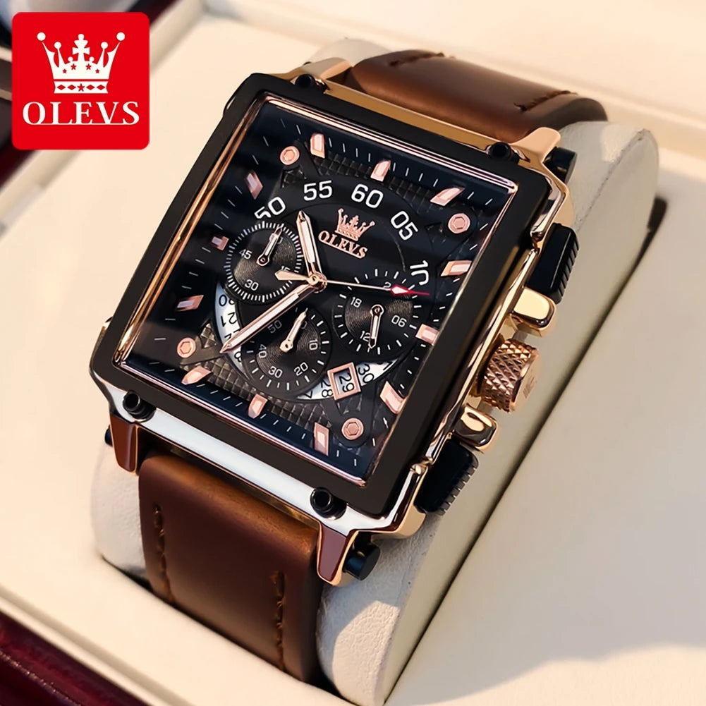 Reloj de cuarzo cuadrado para hombre OLEVS, reloj de negocios multifuncional, resistente al agua, luminoso, con correa de piel, caja de regalo 9919