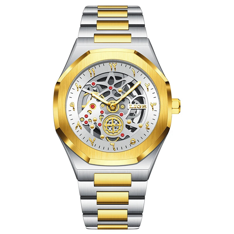 Reloj LIGE de lujo para hombre, diseño esqueleto automático, reloj de pulsera de cuarzo con esfera, impermeable, luminoso, con correa de acero para hombre
