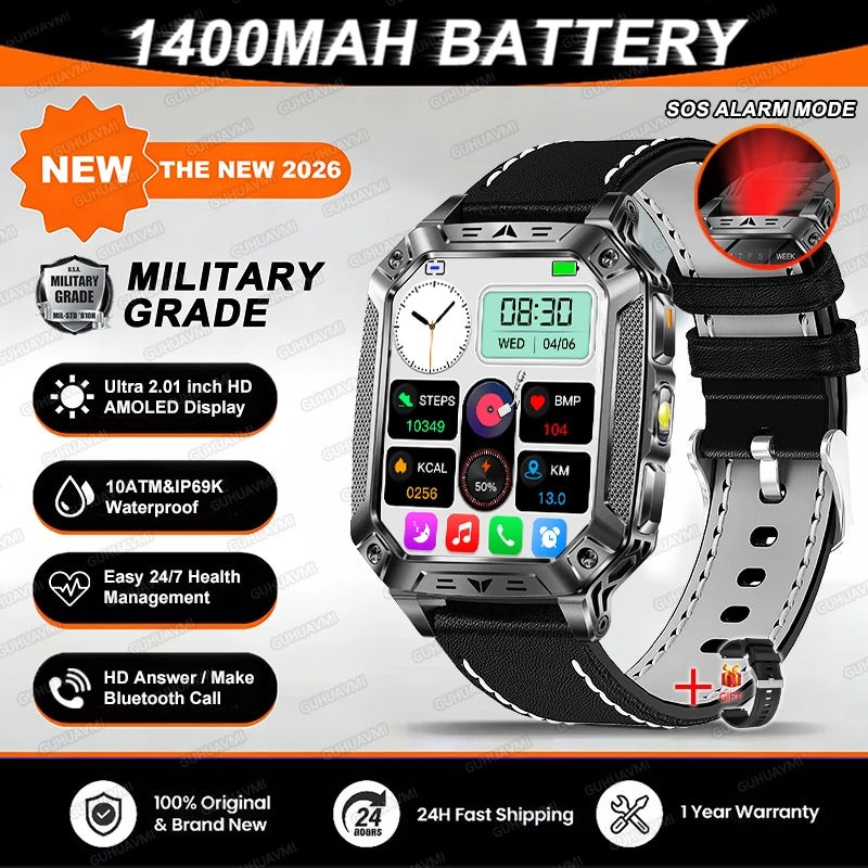 Reloj inteligente militar 2026 TANK, nuevo, 1400 mAh, GPS, pantalla AMOLED de 2.01", resistente al agua 10ATM, reloj, llamada SOS, linterna, para hombre, compatible con iOS