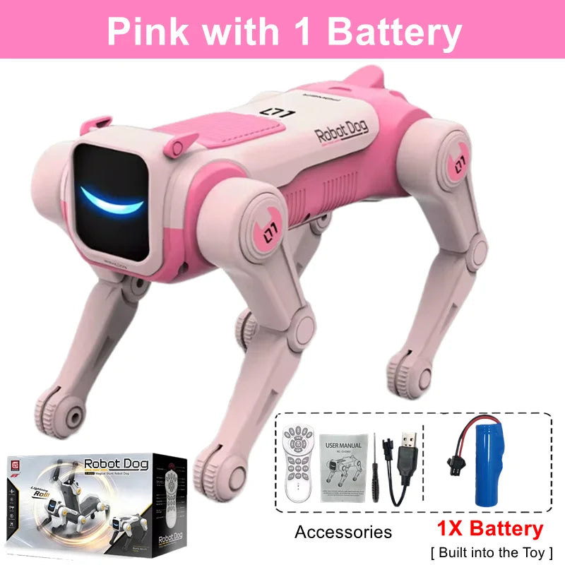 Perro robot RC rosa con 1 batería incluida, ojos LED azules y patas móviles.