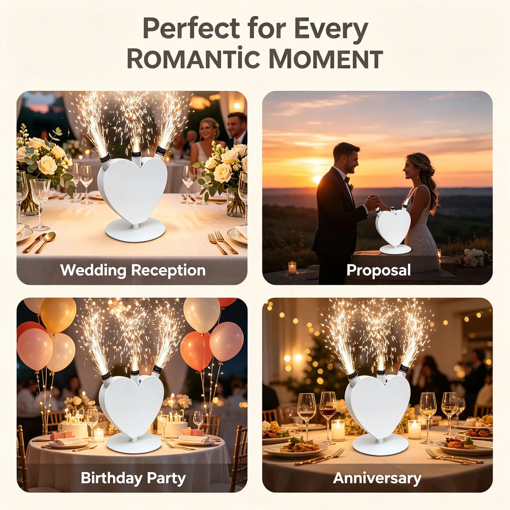 Máquina de chispas frías con forma de corazón, fuente con control remoto, equipo pirotécnico blanco para fiestas, eventos, espectáculos, escenarios de bodas y celebraciones.