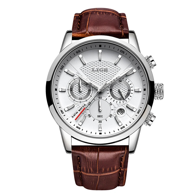 LIGE Men Watch Luxury Leather Waterproof Sport Quartz Wristwatch Chronograph Military Watch for Men Relogio Masculino Men‘s Gif